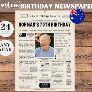 Cartel de periódico australiano con el 70.° cumpleaños, regalo de 70.° cumpleaños para hombres o mujeres, cumpleaños de 1955, hace 70 años en 1955
