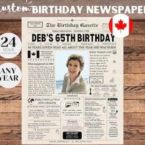 Cartaz de jornal de aniversário de 65 anos no Canadá, presente de aniversário de 65 anos para homens ou mulheres, aniversário de 1960, 65 anos atrás em 1960, fatos sobre o Canadá