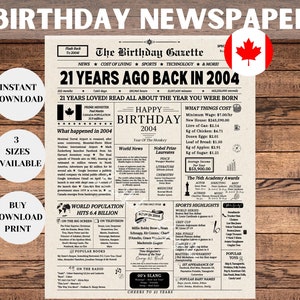 Journal du 21e anniversaire CANADA, décorations de 21e anniversaire, cadeau de 21e anniversaire pour lui ou elle, panneau de retour en 2004, anniversaires marquants