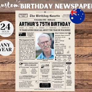 Plakat gazety z okazji 75. urodzin AUSTRALIA, prezent dla mężczyzn i kobiet, urodziny 1950, 75 lat temu w 1950 r., gazeta australijska