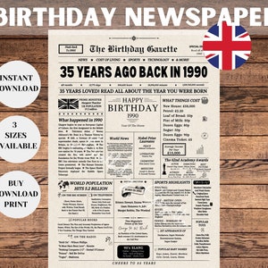 35th Birthday Newspaper Sign 1990 UK, 25th Birthday Gift for Men or Women, Back in 1990, 35th Birthday Decorations, Instant Download