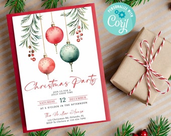 Può includere: Un invito a una festa di Natale rosso e bianco con un'illustrazione ad acquerello di tre palline appese a un ramo di pino. Il testo recita "Christmas Party" e include i dettagli sulla data, l'ora e il luogo della festa.