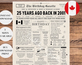 25th Birthday Newspaper Sign Canada, Easy Printable Birthday Gifts, 25th Birthday Gift for Men or Women, Back in 2001, Instant Download