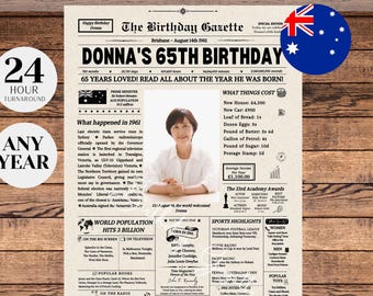 65th Birthday Newspaper AUSTRALIA, The Day You Were Born Gift, 65th Birthday Gift for Men or Women, 1961 Birthday, 65 Years Ago Back in 1961