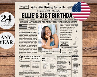 21歳の誕生日新聞、21歳の誕生日の飾り付け、彼または彼女への21歳の誕生日プレゼント、Back in 2005の看板、カスタムパーティーポスター