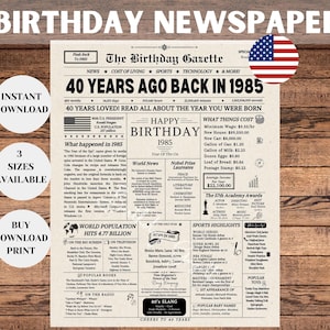 40th Birthday Newspaper Sign 1985, 40th Birthday Gift for Men or Women, Back in 1985, 40th Birthday Decorations, Instant Download