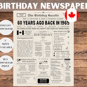 Plaque de journal 60e anniversaire 1965 CANADA, cadeau 60e anniversaire pour homme ou femme, retour en 1965, décorations 60e anniversaire, cadeau d'anniversaire Canada