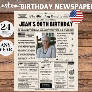 Regalo de 90 cumpleaños para abuela o abuelo, póster de periódico de cumpleaños de 1935, hace 90 años en 1935, 90 cumpleaños