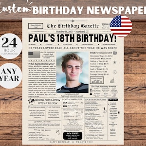 Periódico de cumpleaños número 18, decoraciones de cumpleaños número 18, regalo de cumpleaños número 18 para él o ella, cumpleaños importante, letrero de 2007