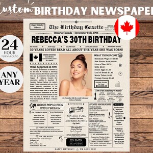 Journal 30e anniversaire Canada, décorations 30e anniversaire, cadeau 30e anniversaire pour lui ou elle, retour en 1995 Canada, jeux 30e anniversaire