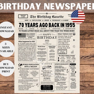 70e verjaardag krant posterbord, 70e verjaardagscadeau voor mannen of vrouwen, 1955 verjaardag, 70 jaar geleden terug in 1955
