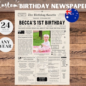 Cartello per giornale per il primo compleanno AUSTRALIA, regalo per il primo compleanno per figlio o figlia, compleanno per bambini stampabile, regalo personalizzato per bambini
