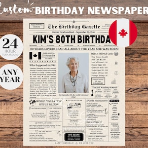 80th Birthday CANADA Newspaper Poster Sign, 80th Birthday Gift for Men or Women, 1946 Birthday, 80 Years Ago Back in 1946, Canada Facts