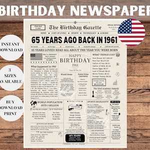 Back in 1961, 65th Birthday Newspaper Sign, 65th Anniversary Sign, 1961 Birthday Poster, 65 years ago back in 1961, 65th Birthday Gift