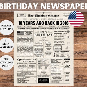 10th Birthday Newspaper Sign, 10th Birthday Gift For Kids, What Happened in 2016, 210 Years Ago Back in 2016 Poster, Instant Download
