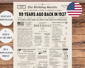 99th Birthday Newspaper Sign 1927, 99th Birthday Gift for Men or Women, Back in 1927, 99th Birthday Decorations, Instant Download