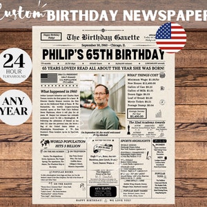 65歳の誕生日新聞ポスター看板、男性または女性への65歳の誕生日プレゼント、1960年の誕生日、65年前の1960年