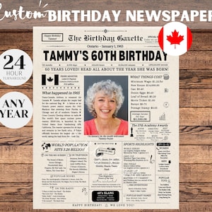 Affiche de journal du 60e anniversaire Canada, cadeau d'anniversaire de 60e anniversaire pour homme ou femme, anniversaire de 1964, il y a 60 ans en 1965, journal canadien