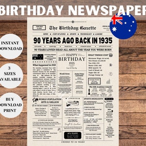90th Birthday Newspaper Sign 1935 AUSTRALIA, 90th Birthday Gift for Men or Women, Back in 1935, 90th Birthday Decorations, Instant Download
