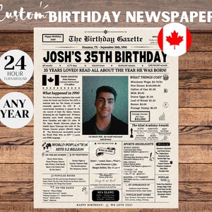 35th Birthday Newspapers Gift CANADA, Custom Birthday Newspaper Sign, 35 Years Ago Back in 1990, Birth Year Gifts