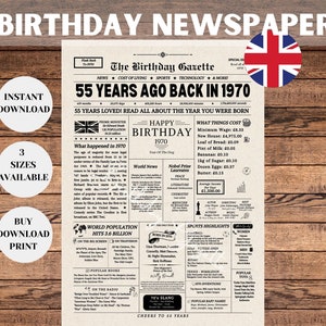 55th Birthday Newspaper Sign 1970 UK, 55th Birthday Gift for Men or Women, Back in 1970, Birth Year Gifts, Instant Download
