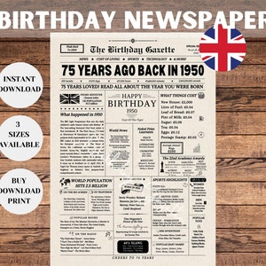 Affiche de journal pour 75e anniversaire au Royaume-Uni, cadeau d'anniversaire pour 75e anniversaire pour homme ou femme, anniversaire de 1950, il y a 75 ans, en 1950, journal anglais