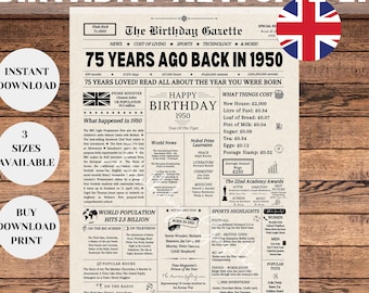 75th Birthday Newspaper Poster Sign UK, 75th Birthday Gift for Men or Women, 1950 Birthday, 75 Years Ago Back in 1950, England Newspaper