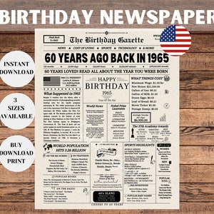 Enseigne de journal 60e anniversaire 1965, cadeau 60e anniversaire pour homme ou femme, retour en 1965, décorations 60e anniversaire, cadeau pour lui, cadeau pour elle