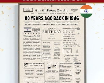 Back in 1946 India 80th Birthday Newspaper Poster, 1946 Birth Year Facts & Highlights, Indian Edition, Instant Download