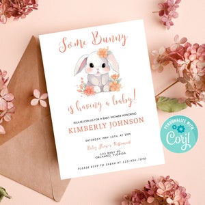 Baby Bunny Baby Shower Invitation, Girl Baby Shower Invitation, Editable Invitation Template