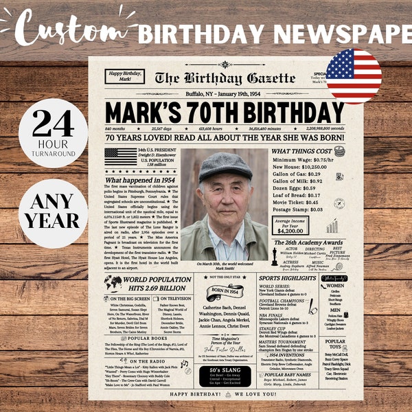 70th Birthday Newspaper Poster Sign, 70th Birthday Gift for Men or Women, 1954 Birthday, 70 Years Ago Back in 1954