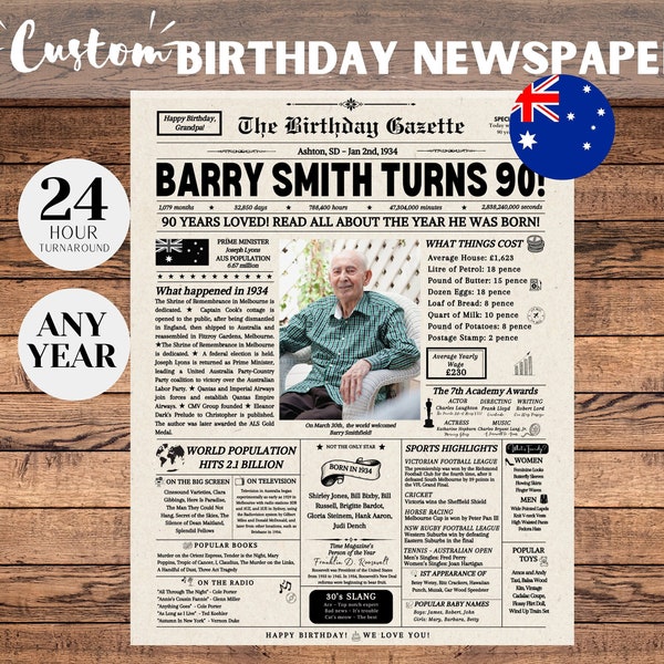 90th Birthday Gift for Grandma or Grandpa, 1934 Birthday Australia Newspaper Poster, 90 Years Ago Back in 1934, 90th Birthday