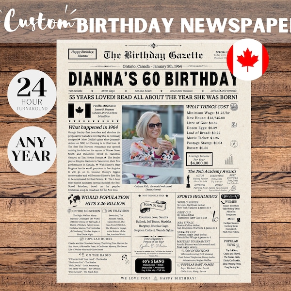 60 Geburtstag Zeitung Poster Zeichen Kanada, 60 Geburtstag Geschenk für Männer oder Frauen, Geburtstag 1964, vor 60 Jahren Zurück in 1964,kanadische Zeitung