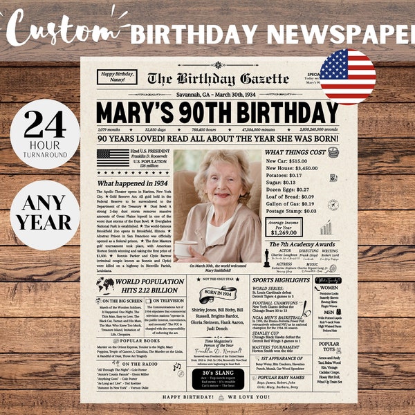 90th Birthday Gift for Grandma or Grandpa, 1934 Birthday Newspaper Poster, 90 Years Ago Back in 1934, 90th Birthday