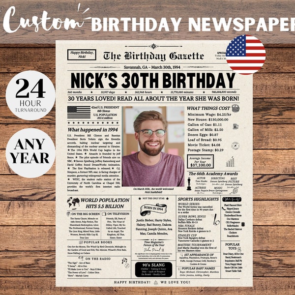 30th Birthday Newspaper, 30th Birthday Decorations, 30th Birthday Gift for Him or Her, Back in 1994 Sign, 30th Birthday Games