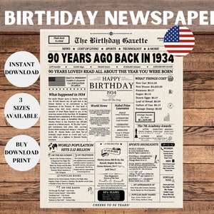 90th Birthday Newspaper Sign 1934, 90th Birthday Gift for Men or Women, Back in 1934, 90th Birthday Decorations, Instant Download