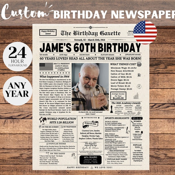 60th Birthday Newspaper Poster Sign, 60th Birthday Gift for Men or Women, 1964 Birthday, 60 Years Ago Back in 1964