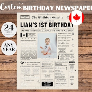 Manifesto del giornale per il 1° compleanno CANADA, regalo per il 1° compleanno per figlio o figlia, compleanno del bambino stampabile, regalo personalizzato per il bambino