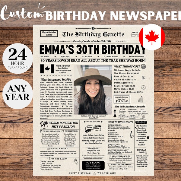 30th Birthday Newspaper Canada,  30th Birthday Decorations, 30th Birthday Gift for Him or Her, Back in 1994 Canada, 30th Birthday Games