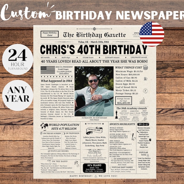 40th Birthday Newspaper Poster, 40th Birthday Gift for Him or Her, 40th Birthday Decorations, Gifts for Men, Gifts for Women