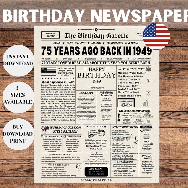 75th Birthday Newspaper Sign, 75th Birthday Gift for Men or Women, 75 Years Ago Back in 1949 Poster, 75th Birthday Decoration