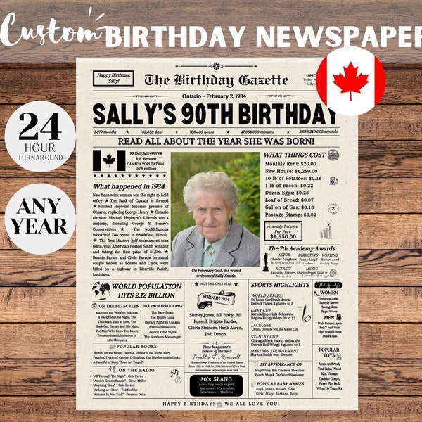 90th Birthday Gift for Grandma or Grandpa CANADA, 1934 Birthday Canda Newspaper Poster, 90 Years Ago Back in 1934, 90th Birthday