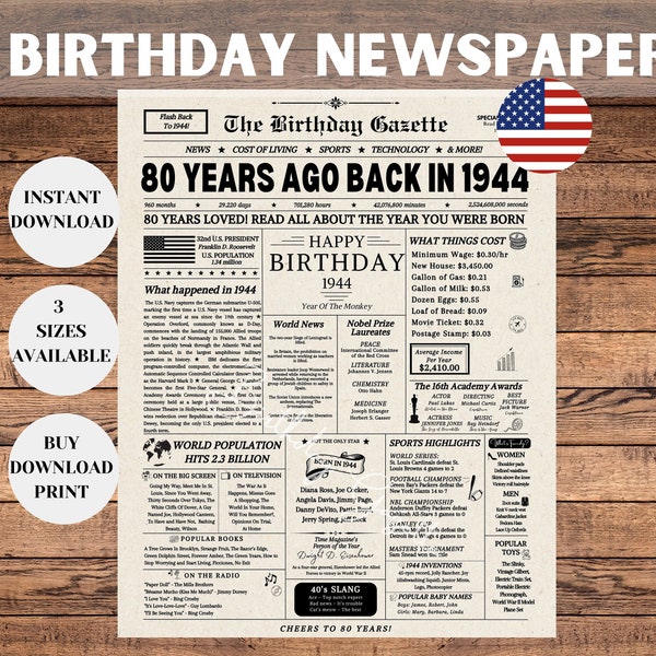 80th Birthday Newspaper Sign 1944, 80th Birthday Gift for Men or Women, Back in 1944, 80th Birthday Decorations, Gift for Him, Gift for Her