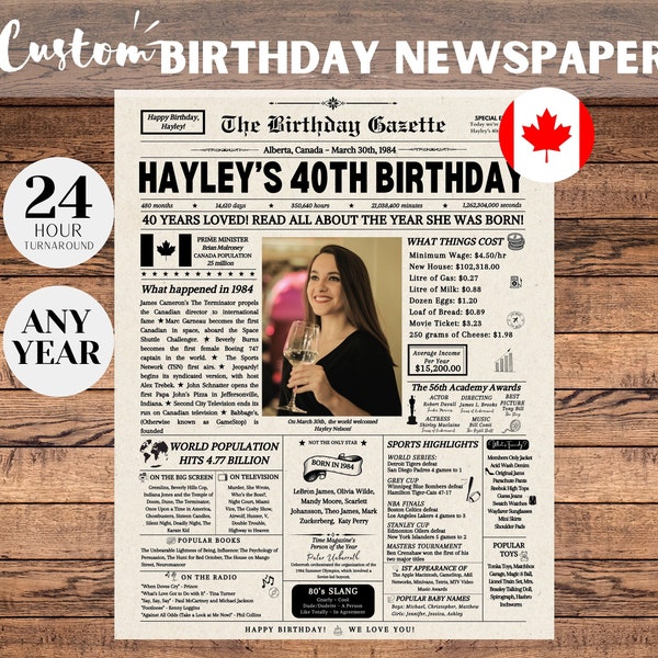 40th Birthday Newspaper Poster Canada, 40th Birthday Gift for Him or Her, 40th Birthday Decor, Gifts for Men, Canada Newspaper