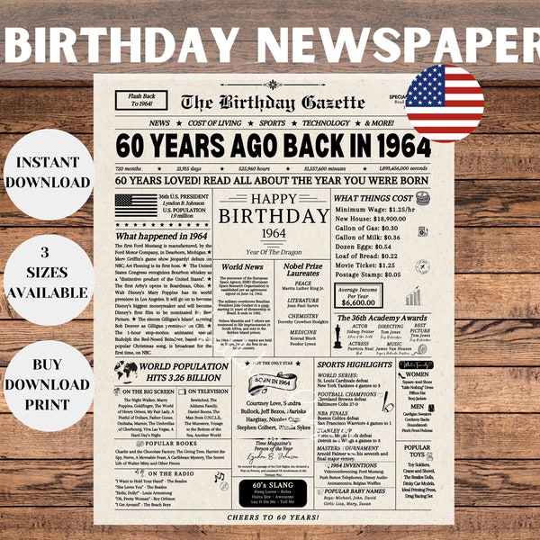 60th Birthday Newspaper Sign 1964, 60th Birthday Gift for Men or Women, Back in 1964, 60th Birthday Decorations, Gift for Him, Gift for Her