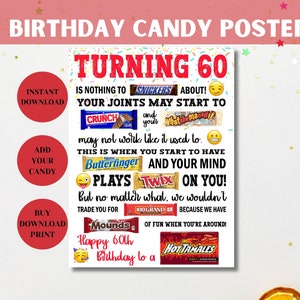 60歳の誕生日キャンディポスター、誕生日キャンディサイン、60歳の誕生日プレゼント、キャンディグラムサイン、誕生日の駄洒落、ユニークな誕生日サイン