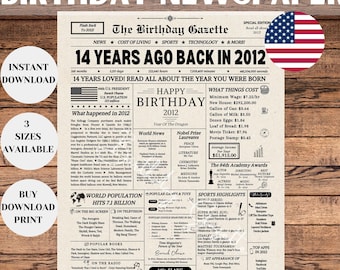 14th Birthday Newspaper Sign, 14th Birthday Gift For Kids, What Happened in 2012, 12 Years Ago Back in 2012 Poster, Instant Download