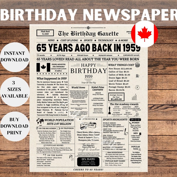 Enseigne de journal pour 65e anniversaire 1959 CANADA, cadeau d'anniversaire pour homme ou femme, cadeau 65e anniversaire en 1959, décorations pour 65e anniversaire, cadeau d'anniversaire Canada