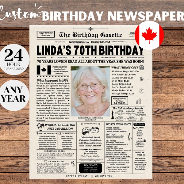 70th Birthday Newspaper Poster Sign Canada, 70th Birthday Gift for Men or Women, 1954 Birthday, 70 Years Ago Back in 1954, Canada Facts
