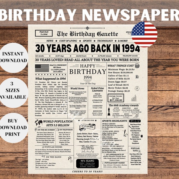 30th Birthday Newspaper, 30th Birthday Decorations, 30th Birthday Gift for Him or Her, Back in 1994 Sign, 30th Birthday Games